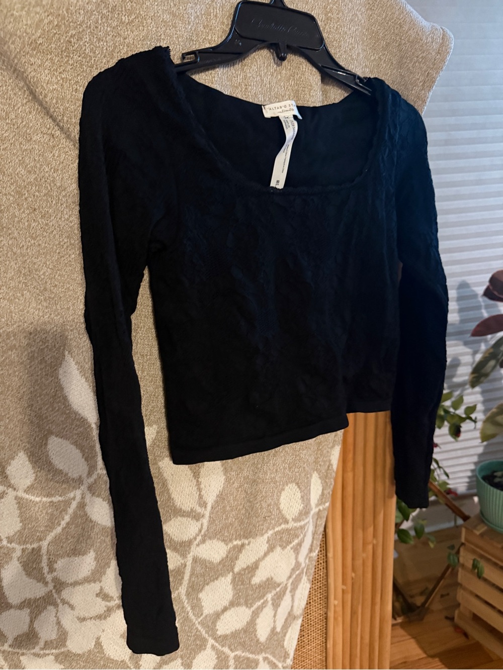 Altar'd State Black Lace Long-Sleeve Scoop Neck Crop Top